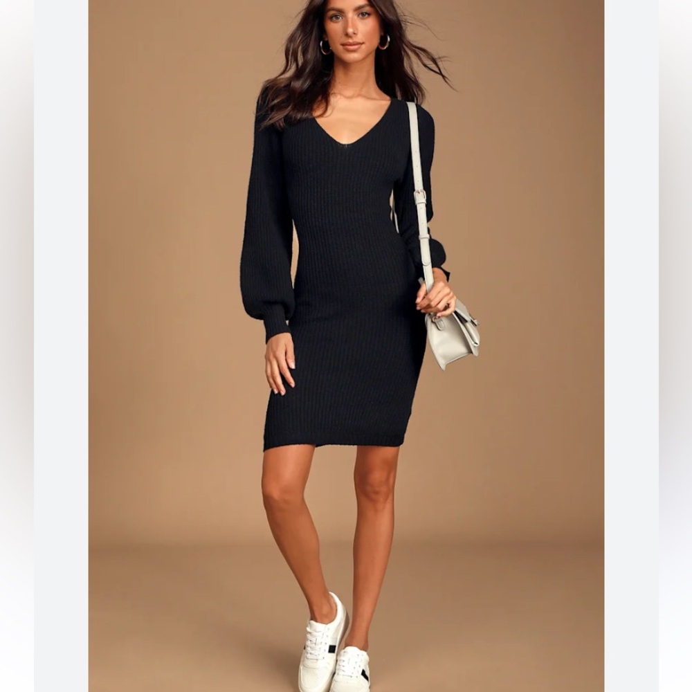 Lulu's Black V-Neck Bishop Sleeve Sweater Dress